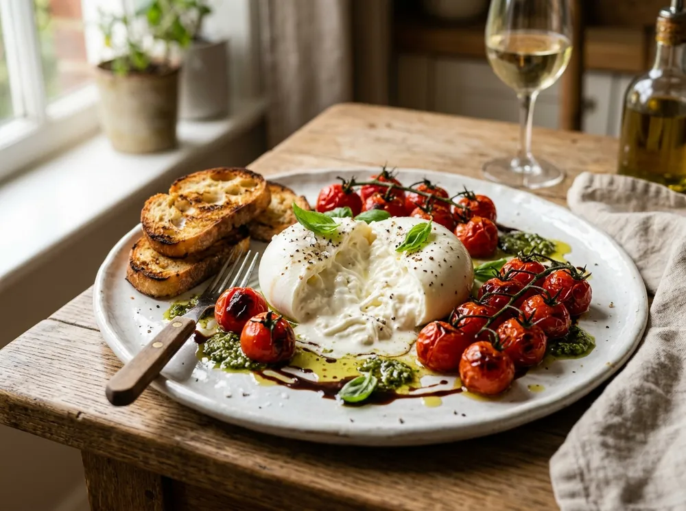Burrata with Roasted Tomatoes and Pesto