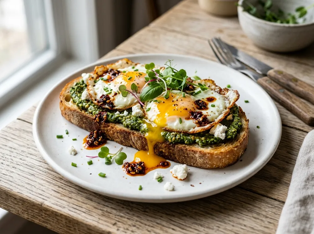 Pesto Eggs on Sourdough with Chili Crisp